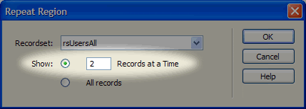 Dreamweaver's Repeat Region window - limit how many records to show at a time.